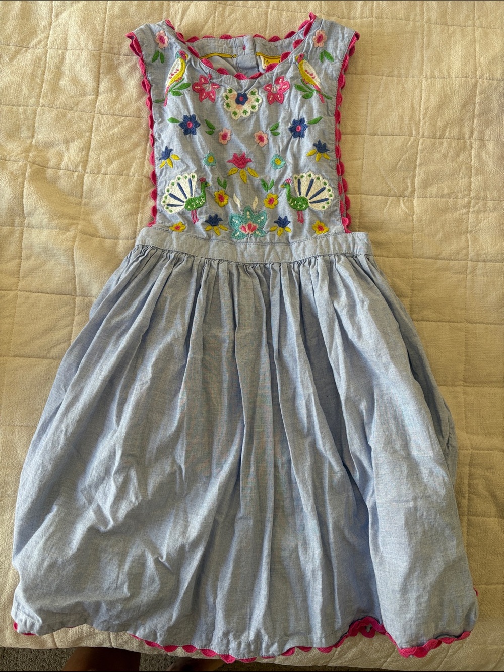 Mini Boden Blue Dress with Multicolor Floral Embroidery